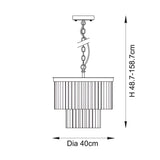 Line drawing of the Bevstead 4-light pendant with two-tier glass drop cascade, brass frame, adjustable chain, 40cm diameter, 48.7-158.7cm height.
