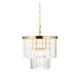 Bevstead 4-light pendant with tiered clear glass drops in a brass frame, hung from a chain, shown on a plain white background.