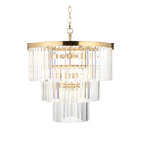 Endon Bevstead 7 light pendant in brushed brass with tiered clear cut lozenge glass drops and chain suspension, shown on a white background.