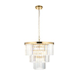 Endon Bevstead 7 light pendant in brushed brass with three tiers of clear cut lozenge glass drops on a chain suspension, shown on a white background.