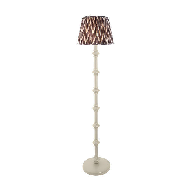 Endon Bevbury floor lamp with turned white spindle base and grey zigzag patterned pleated fabric shade on a plain background.