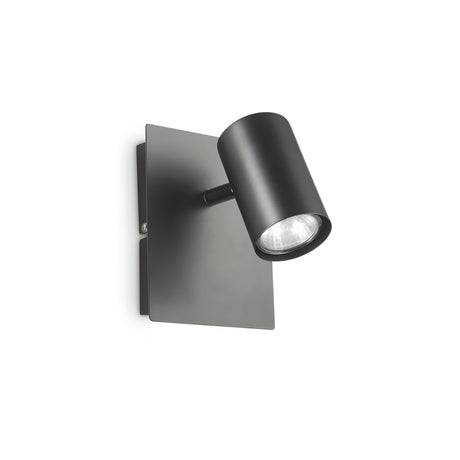 Introducing the Radiatrix Wall Light - Black, a contemporary lighting fixture featuring a sleek black cylindrical design with an adjustable head. It includes a rectangular base plate ideal for indoor settings, providing focused illumination with an adjustable diffuser to suit any ambiance.