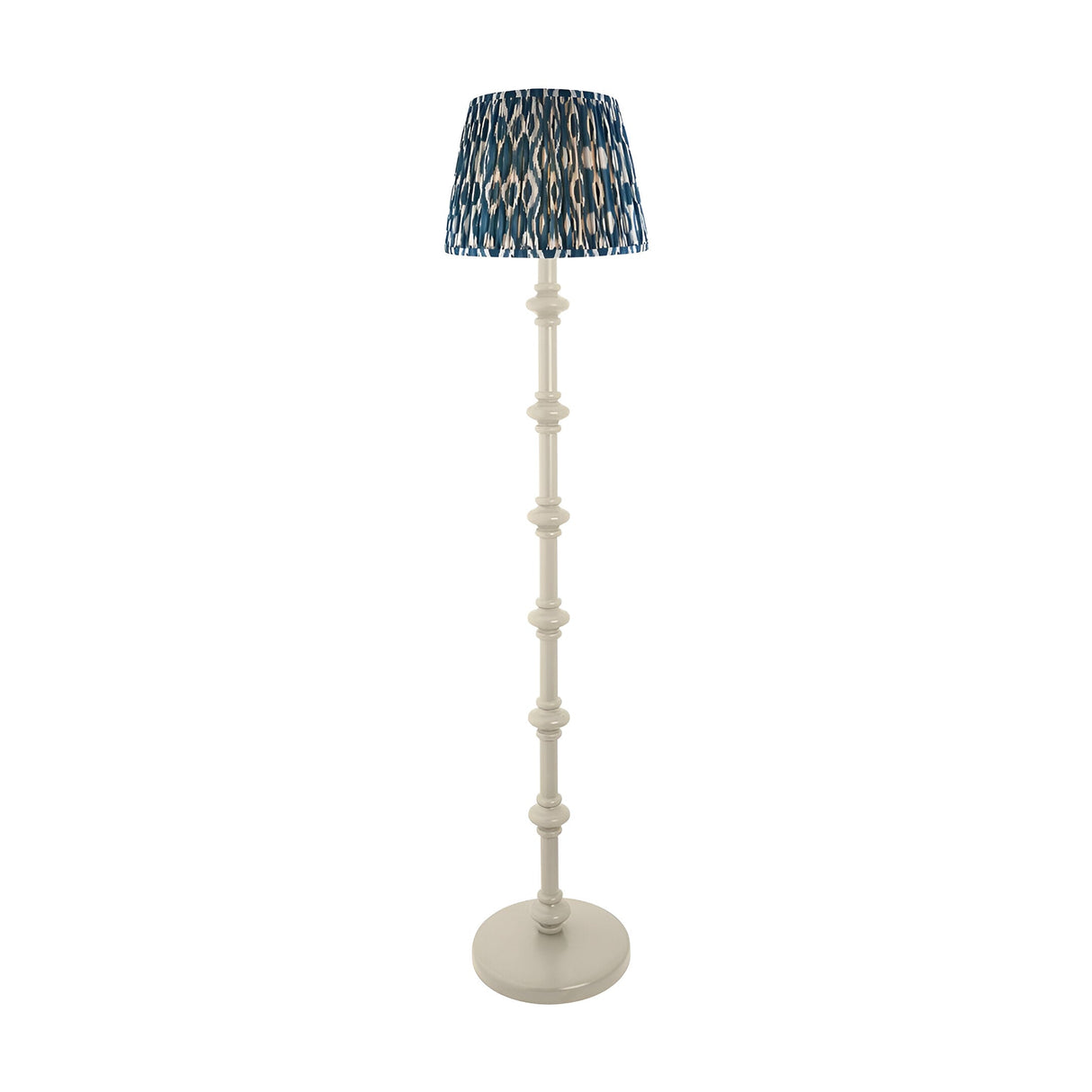 Endon Bevbury floor lamp with white turned spindle wood base and blue Ikat pleated fabric shade, shown on a plain white background.