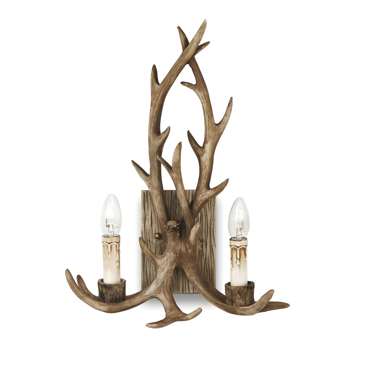 The Flow 2 Light Wall Light in Dark Brown features two candle-shaped lights on a design reminiscent of antlers mounted on wood, creating a warm, inviting atmosphere ideal for any cozy space.