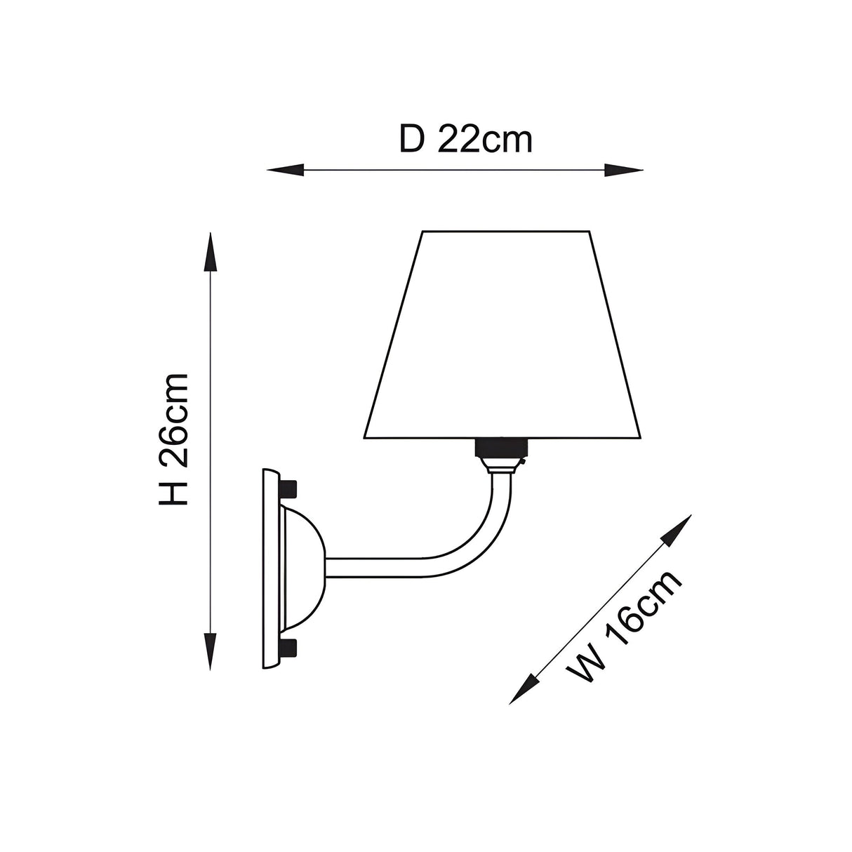 Dimension diagram of the Endon Brackdale Ripple wall light showing 26cm height, 16cm width and 22cm projection on a plain white background.