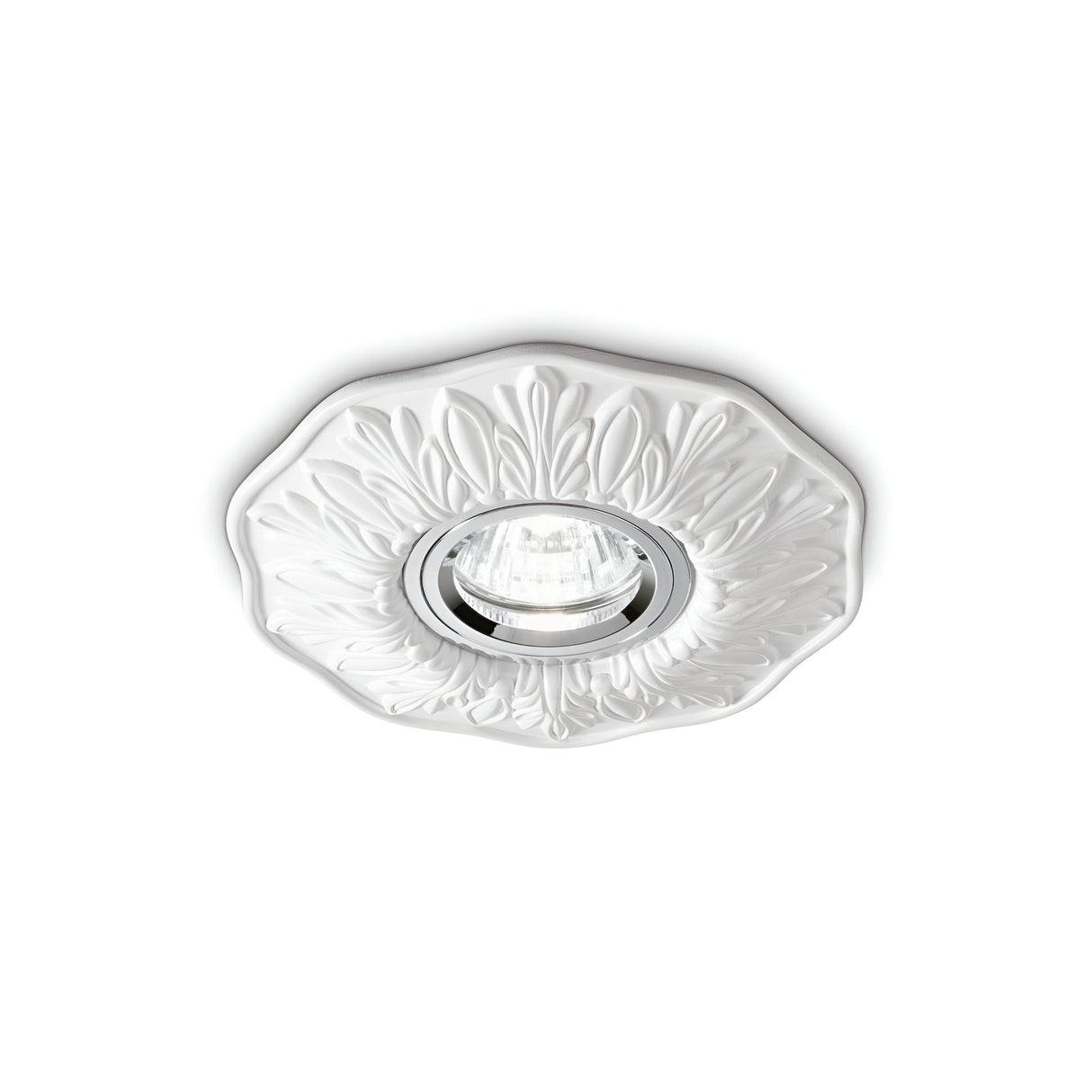 The Olivia Recessed Downlight - White features an ornate floral design that seamlessly complements modern interiors. Its intricate pattern adds an elegant touch, enhancing the minimalist lighting of the space.