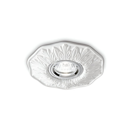 The Olivia Recessed Downlight - White features an ornate floral design that seamlessly complements modern interiors. Its intricate pattern adds an elegant touch, enhancing the minimalist lighting of the space.