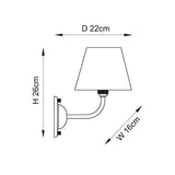 Line drawing of the Brackdale Ivy wall light showing dimensions with tapered fabric shade, curved brass arm and wall bracket, H26cm x D22cm x W16cm.