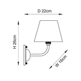 Endon Brackdale Ikat wall light dimensions diagram showing 26cm height, 16cm width and 22cm projection on a plain white background.