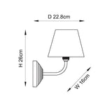 Dimensions diagram of Endon Castgrove Ripple wall light showing 26cm height, 16cm width and 22.8cm projection with tapered shade and stepped backplate.
