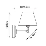 Corven Wall Light in brass with pink fabric shade, shown as a technical line drawing with dimensions H 20cm, D 22.5cm, W 16cm on a white background.