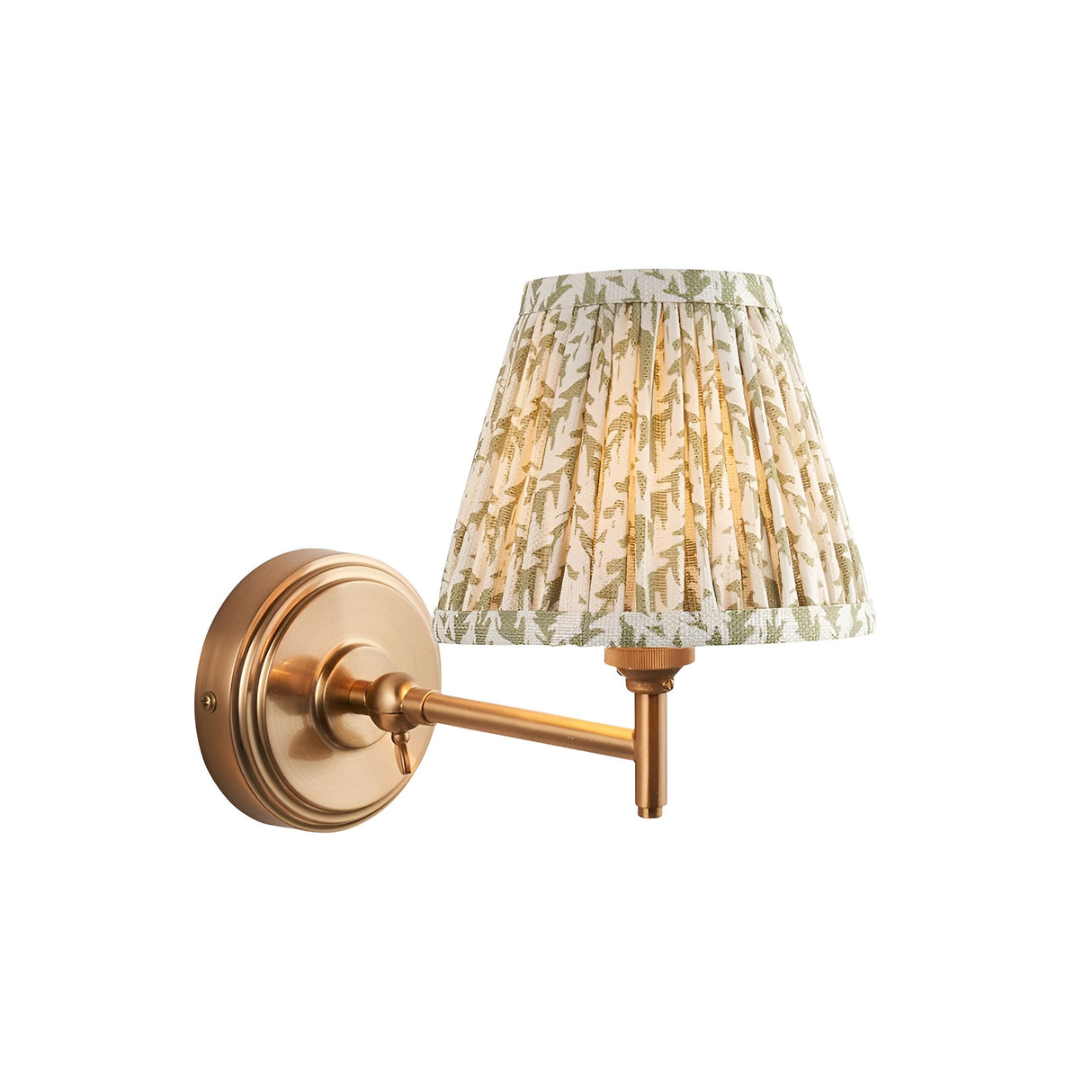 Cliffwood Leaf Wall Light with adjustable brass arm and knuckle joint, featuring a pleated cream and green leaf print fabric shade.