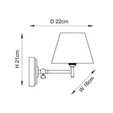 Cliffwood Leaf Wall Light in brushed brass with adjustable knuckle arm and tapered fabric shade, dimension diagram: H21cm, D22cm, W16cm.