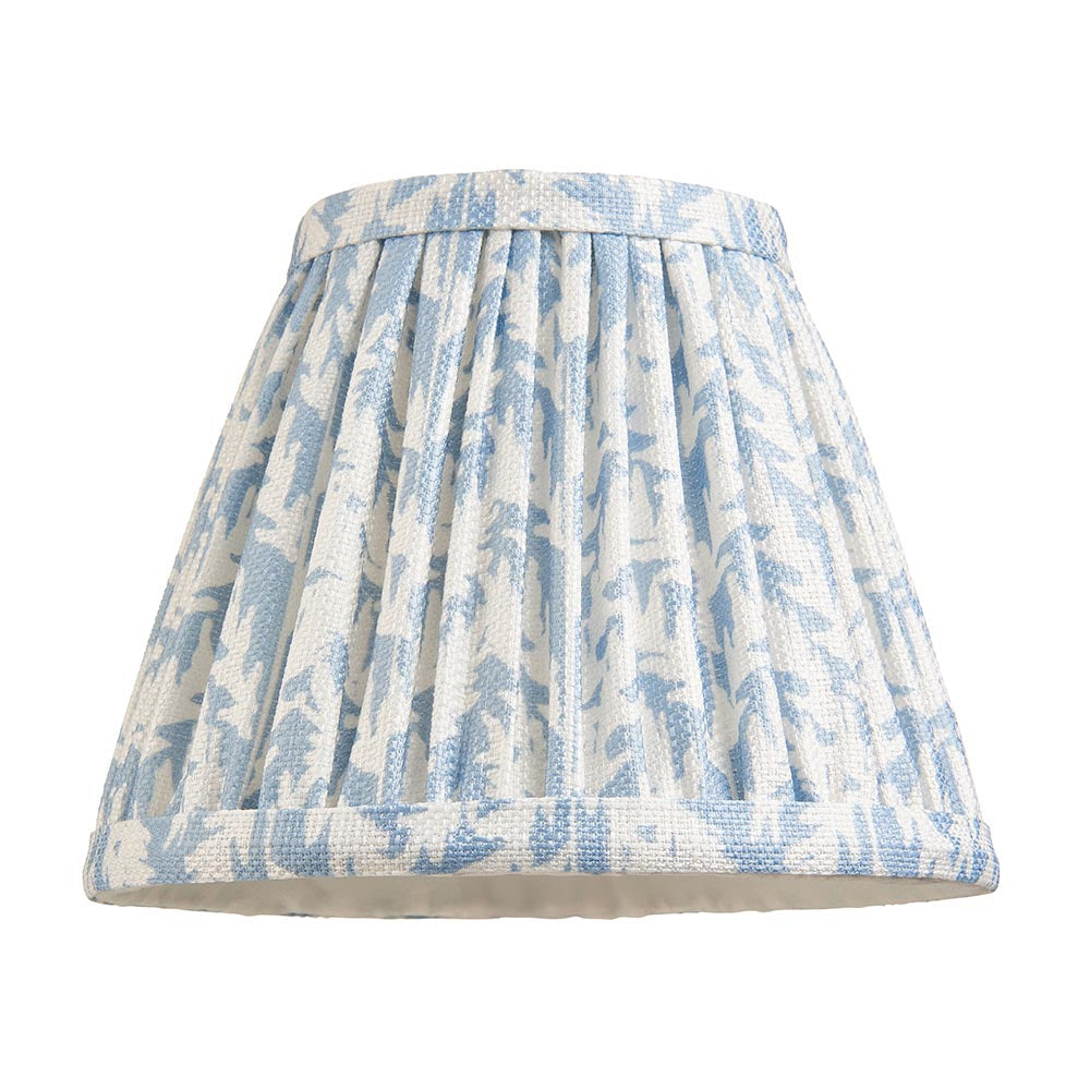 Endon Cliffwood Leaf pleated wall light shade in blue and white faux linen with botanical leaf print, shown on a plain white background.