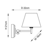 Cliffwood Leaf Wall Light in brass with adjustable knuckle arm and tapered fabric shade, shown as a line drawing with H21cm, D22cm and W16cm dimensions.