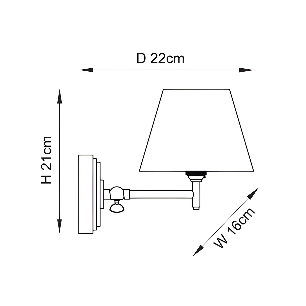 Dimensioned line drawing of the Endon Cliffwood Ivy wall light showing 21cm height, 22cm depth and 16cm width with tapered shade.