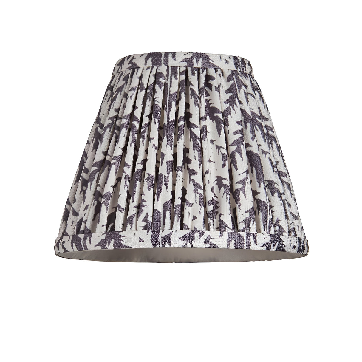 Endon Danemere pleated lamp shade in faux linen with grey leaf print and taped edge, shown on a plain white background.