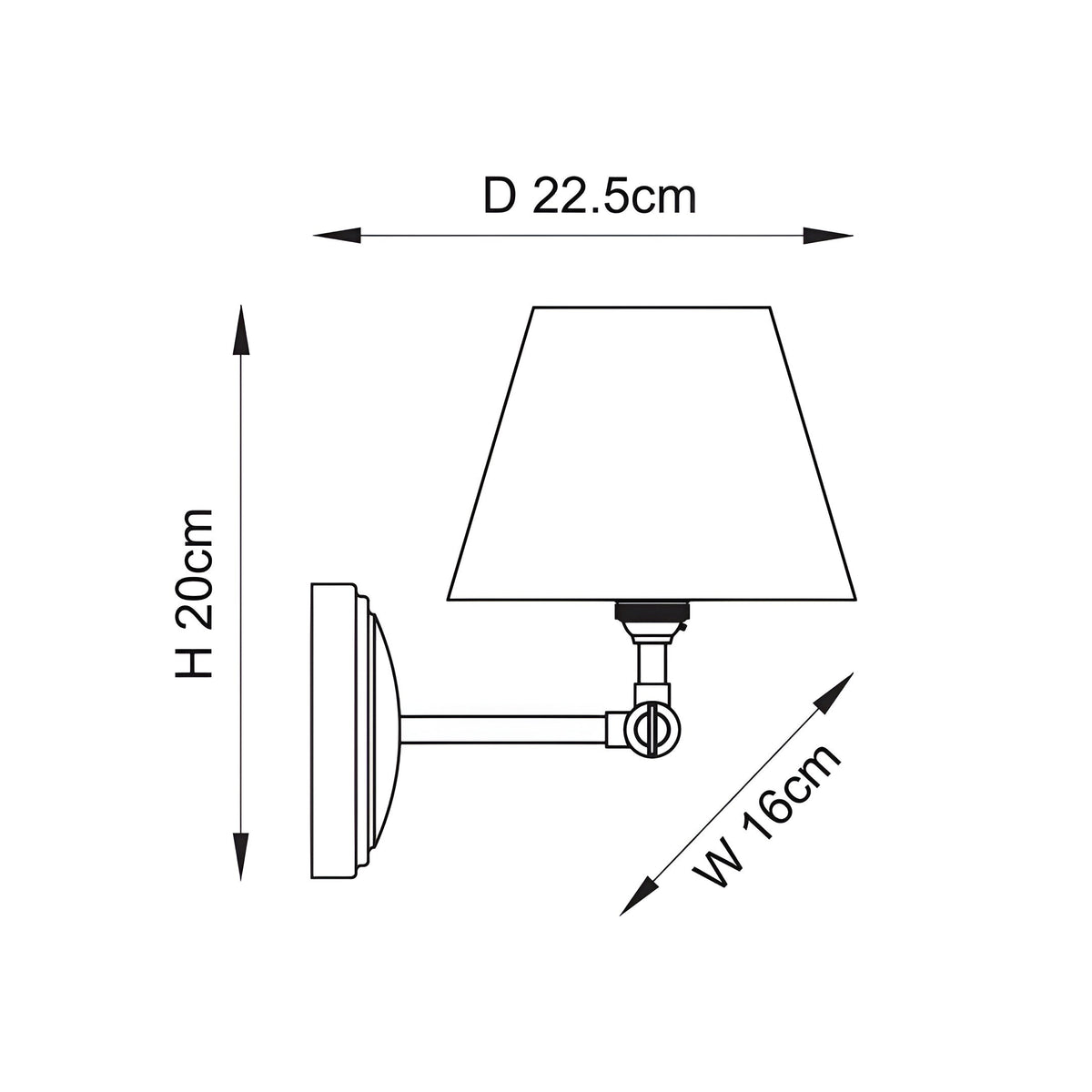 Dimensions diagram of the Endon Danemere wall light showing 20cm height, 16cm width and 22.5cm projection on a plain white background.