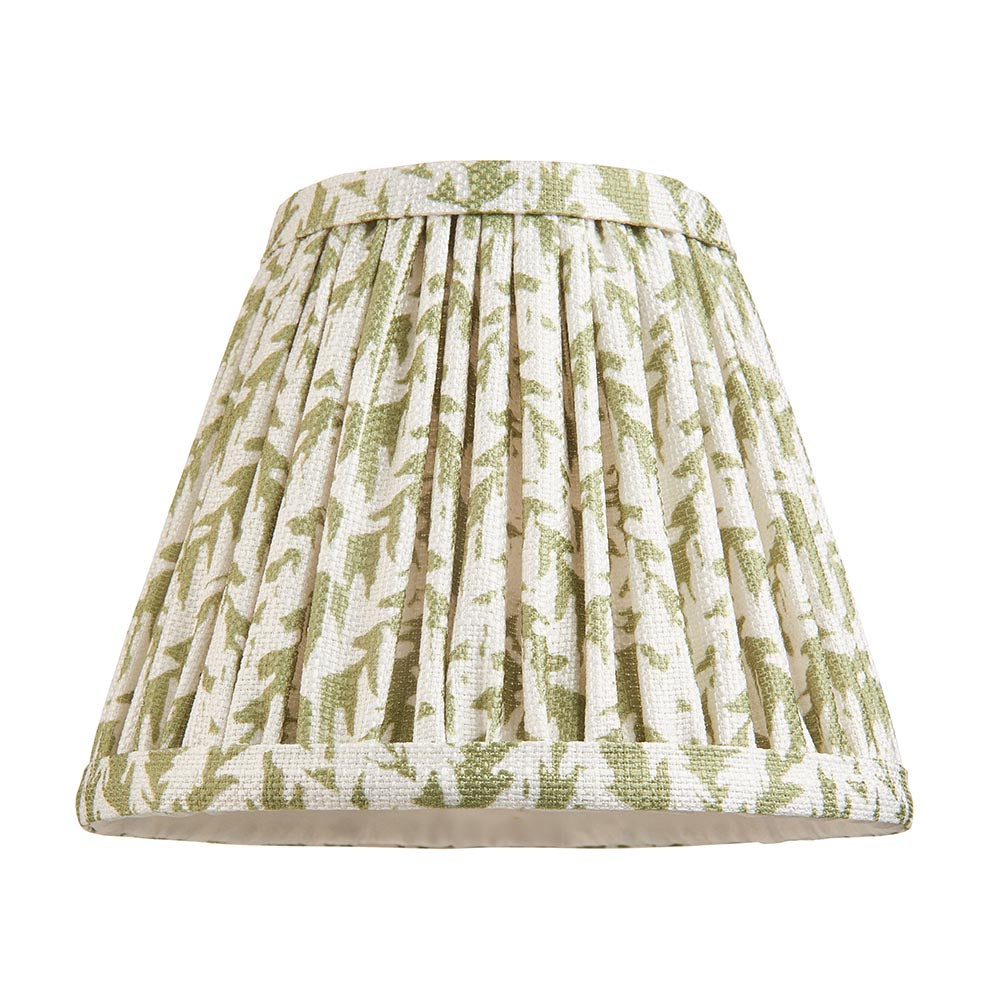 Endon Danemere pleated wall light shade in faux linen with a green leaf print and taped edge, shown on a plain white background.
