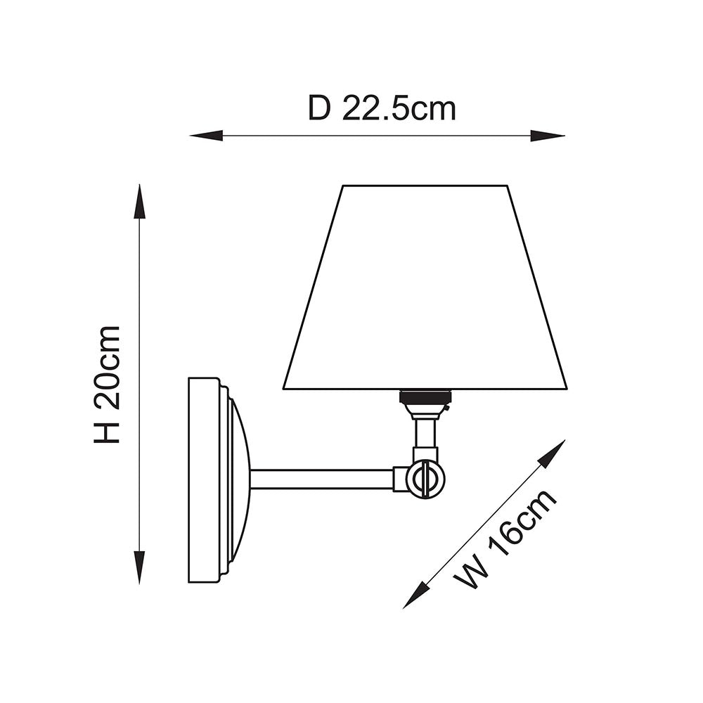 Dimensioned line drawing of the Endon Danemere wall light showing 20cm height, 16cm width and 22.5cm projection with adjustable arm and tapered shade.