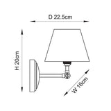 Dimensioned line drawing of the Endon Danemere wall light showing 20cm height, 16cm width and 22.5cm projection with adjustable arm and tapered shade.