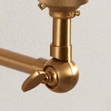 Close-up of the Endon Danemere wall light's brushed aged brass adjustable knuckle joint and arm, shown against a plain white wall.