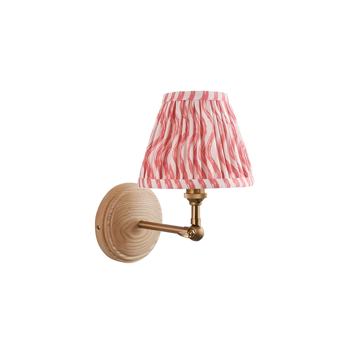Danemere Ripple wall light featuring an ash wood backplate, adjustable brass arm, and pleated pink and white striped tapered fabric shade.