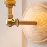 Close-up of Endon Danemere wall light showing brushed aged brass adjustable knuckle arm mounted on a natural ash wood back plate.