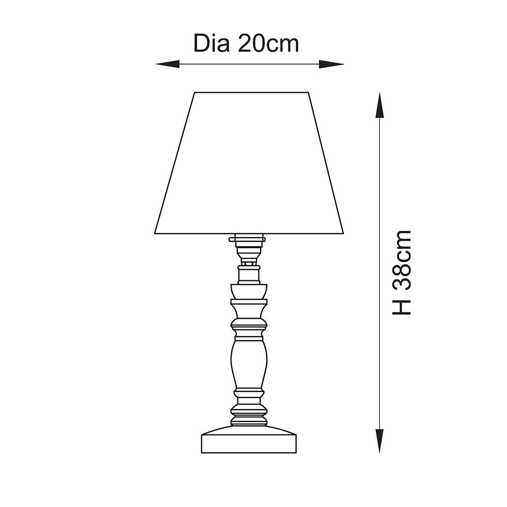 Endon Aldworth Leaf table lamp line drawing showing a turned spindle base with tapered shade, marked 20cm diameter and 38cm height on a white background.
