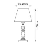 Endon Aldworth Leaf table lamp line drawing showing a turned spindle base with tapered shade, marked 20cm diameter and 38cm height on a white background.