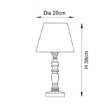 Dimension diagram of the Endon Aldworth Ripple table lamp showing a 20cm shade diameter and 38cm overall height on a plain background.