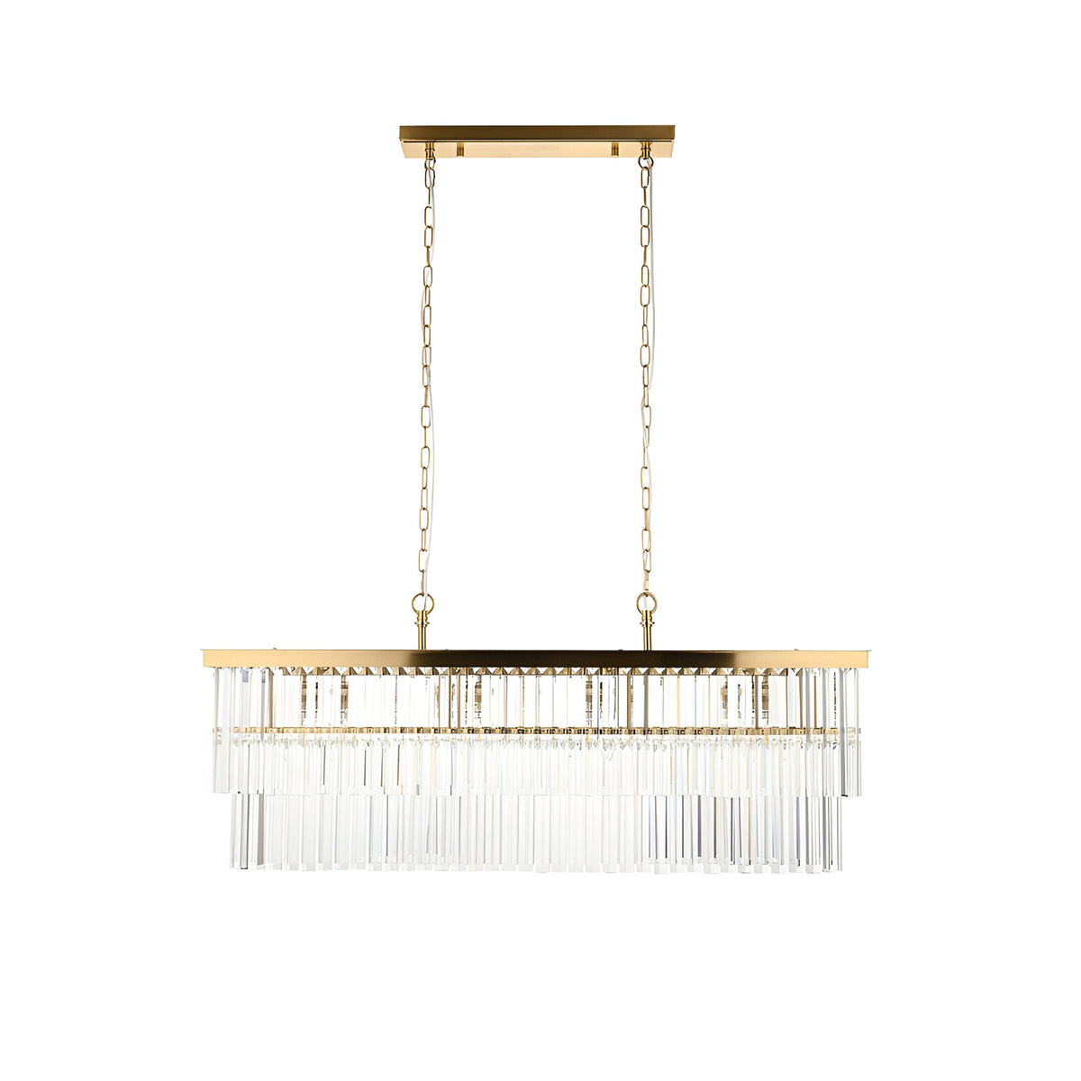 Bevstead 4 Light Linear Pendant in brushed brass with clear crystal glass drops on a rectangular bar, suspended by twin chains against a plain white background.