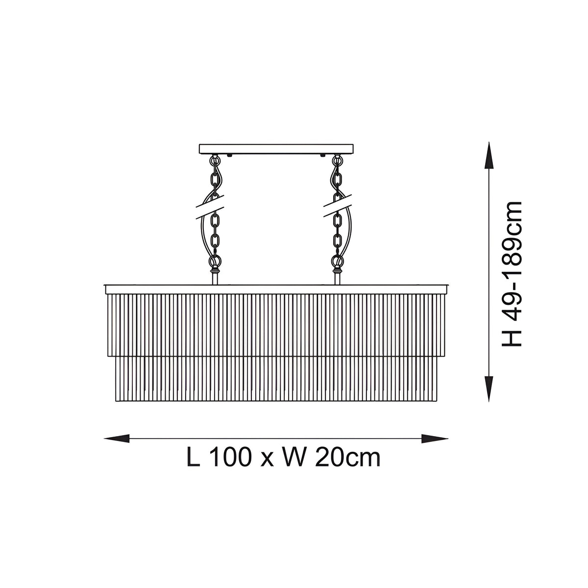Bevstead 4 Light Linear Pendant in brushed brass, line drawing showing rectangular fringed shade, adjustable chains and ceiling plate, L100 x W20cm, H49-189cm.