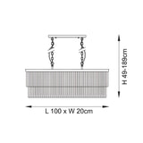 Bevstead 4 Light Linear Pendant in brushed brass, line drawing showing rectangular fringed shade, adjustable chains and ceiling plate, L100 x W20cm, H49-189cm.