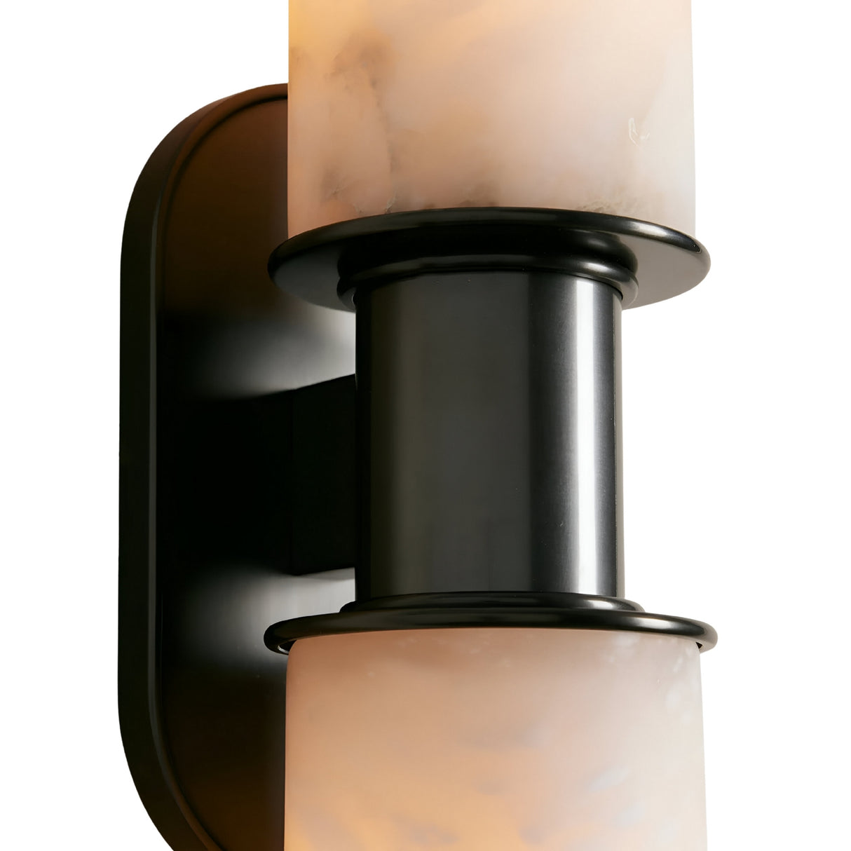 Close-up of the Lumara 2 Light Twin Tube Alabaster Wall Light in matte black, featuring two cylindrical alabaster shades—one above and one below the central support—gently diffusing soft white light for an elegant look.