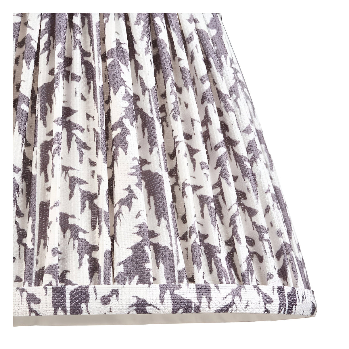 Close-up of the Castleigh Leaf Wall Light's hand-pleated grey and cream patterned fabric shade, showing tapered folds and taped edge trim.