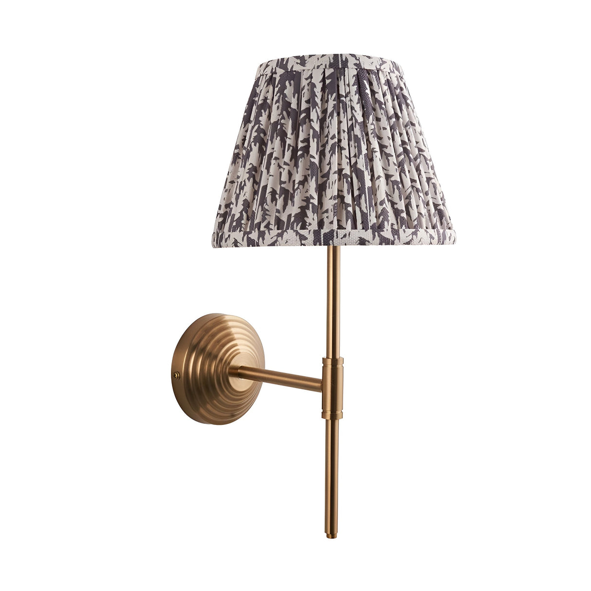 Castleigh Leaf Wall Light in Grey with antique brass back plate, T-shaped arm and pleated leaf-print fabric shade, on a white background.