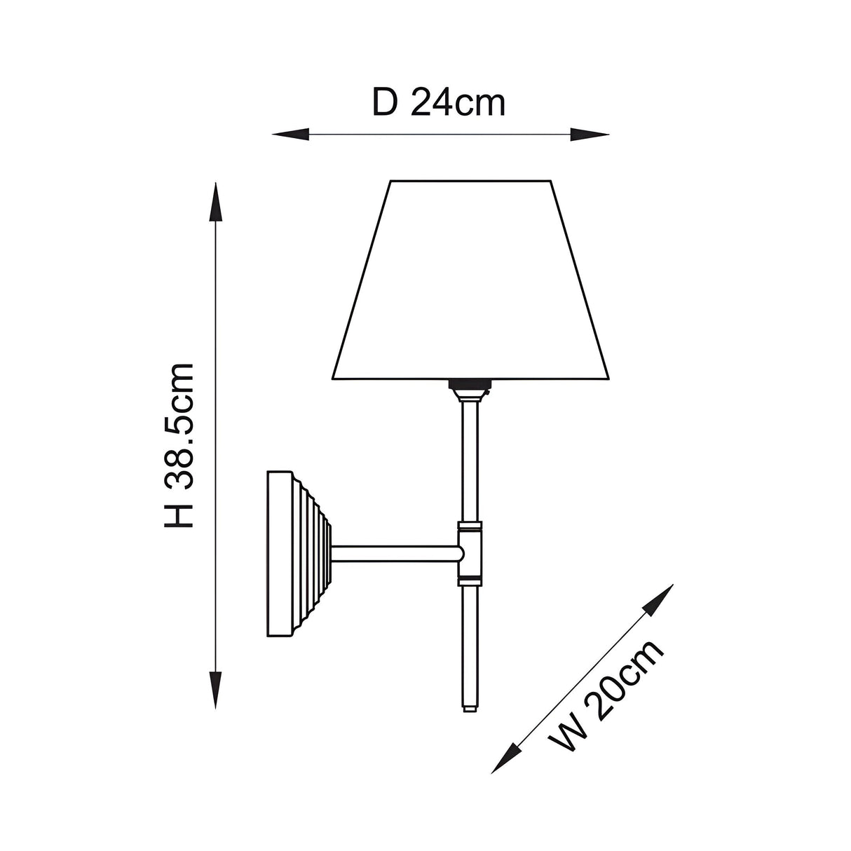 Line drawing of the Castleigh Leaf Wall Light with tapered fabric shade, T-shaped arm and stepped bracket, H 38.5cm, D 24cm, W 20cm.