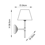 Line drawing of the Castleigh Leaf Wall Light with tapered fabric shade, T-shaped arm and stepped bracket, H 38.5cm, D 24cm, W 20cm.