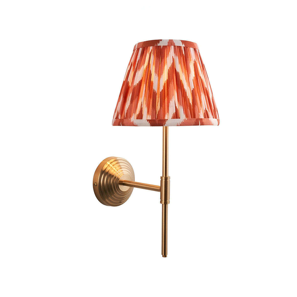 Endon Castleigh Zigzag wall light with brushed aged brass T-shaped arm and stepped back plate, topped with a pleated red and white zigzag tapered shade.