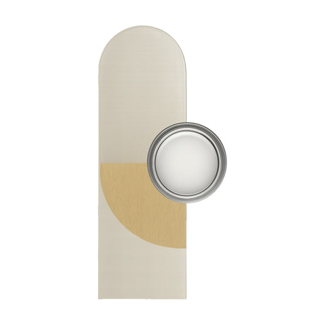 Brera Linea Glass Wall Light with tall arched off-white panel, brushed pale gold arc, round glass diffuser, and paint tin swatch on a white background.