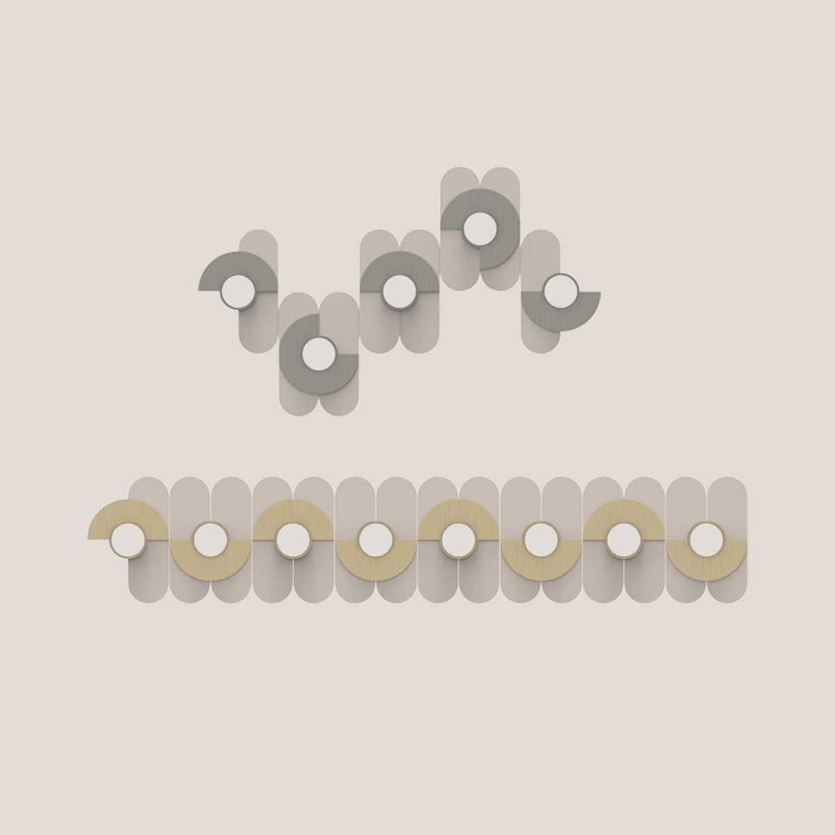 Brera Linea Glass Wall Light in brushed pale gold shown twice: as a curved multi-unit arrangement and a linear row, each with iron arcs and round glass diffusers on a light background.
