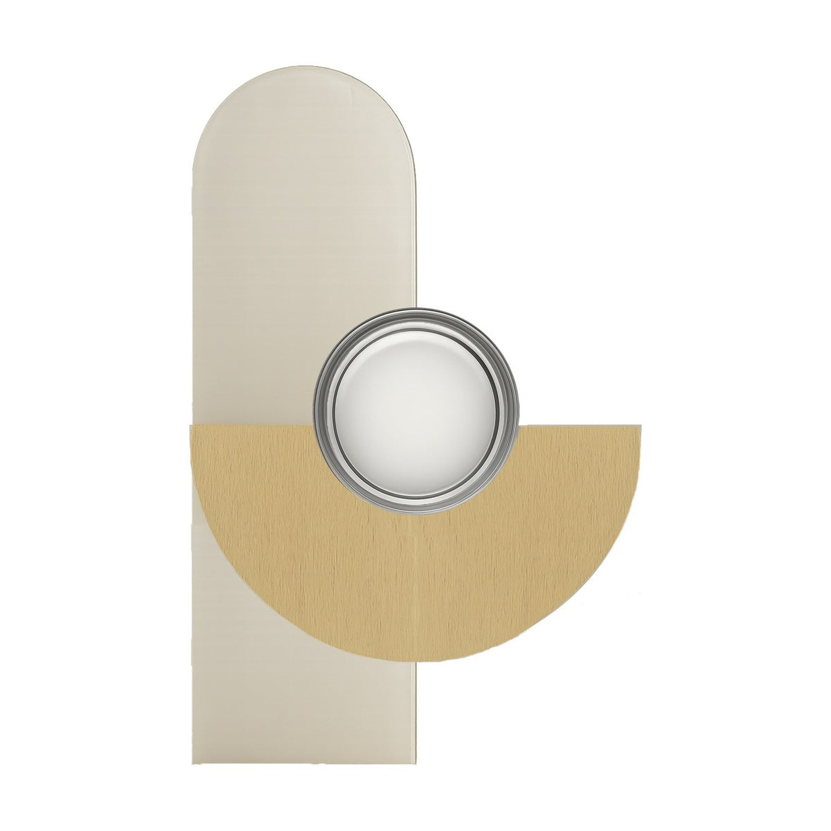 Brera Linea Glass Wall Light in brushed pale gold, with a tall off-white arched backplate, a semicircular gold arc, and a round glass diffuser with GX53 lamp, on a plain white background.
