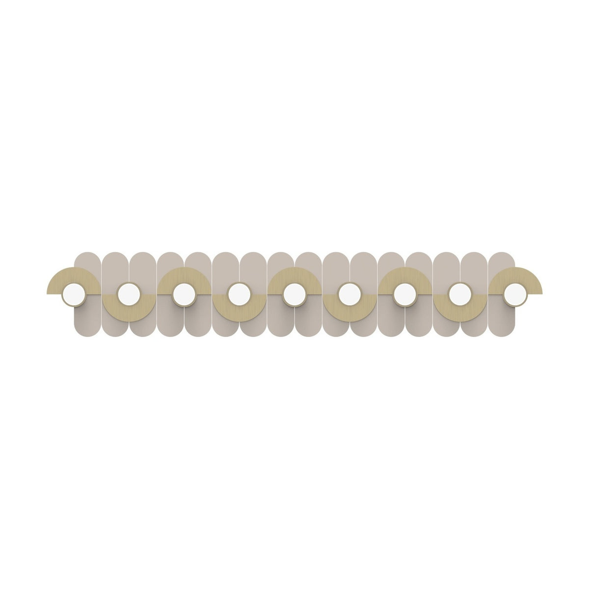 Brera Linea Glass Wall Light in brushed pale gold, a row of overlapping rounded panels in taupe and gold with circular glass diffusers, shown on a plain white background.