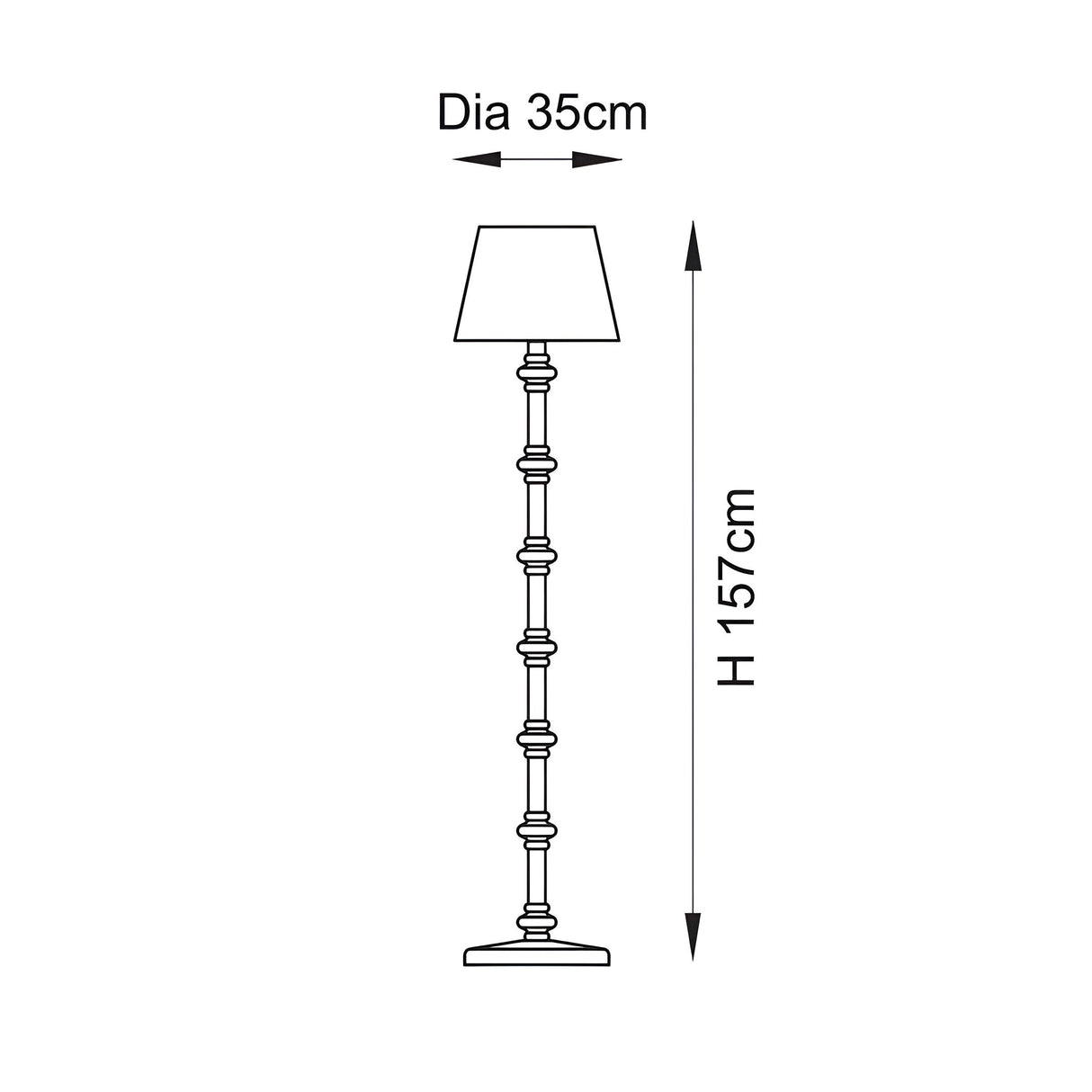 Endon Bevbury Ripple floor lamp dimension diagram showing 157cm height and 35cm shade diameter on a plain white background.