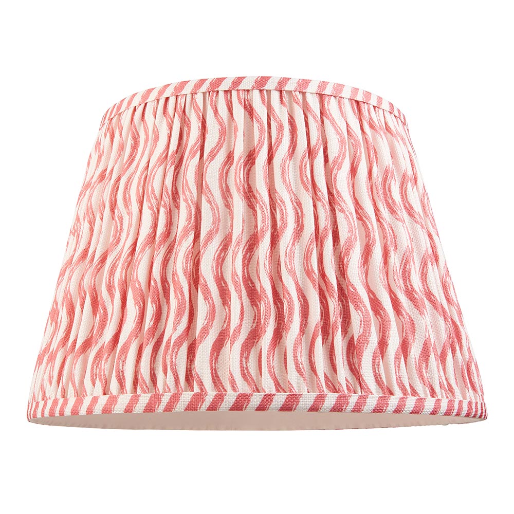 Endon Bevbury Ripple 35cm gathered pleat lampshade in pink and white wave-patterned faux linen with taped edging, shown on a plain white background.