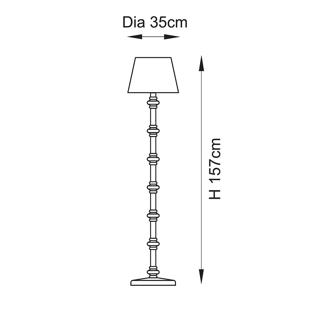 Endon Bevbury Ripple floor lamp dimension diagram showing 157cm height and 35cm shade diameter on a plain background.