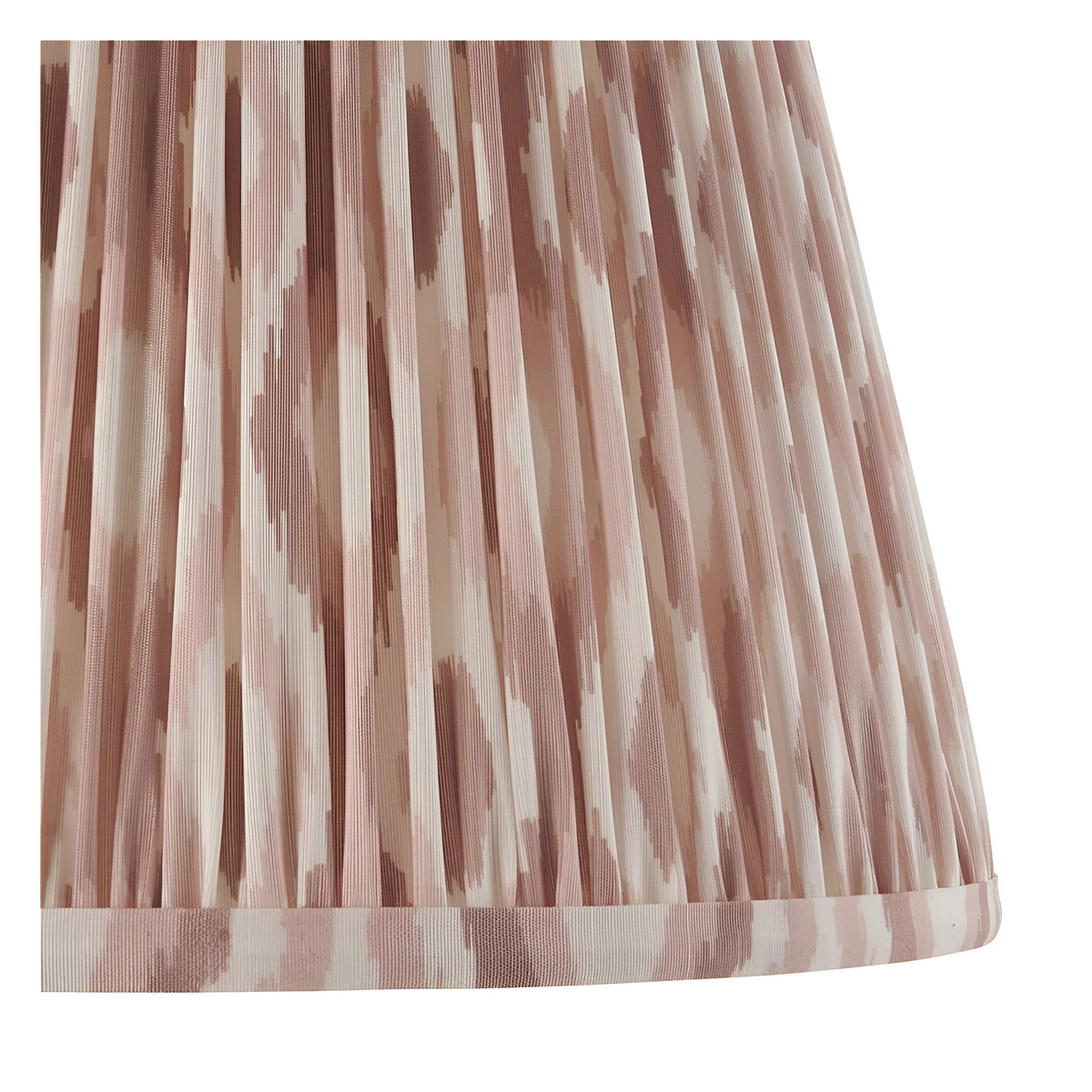 Close-up of the Endon Bevbury floor lamp's 35cm Ikat shade in pink clay, showing gathered pleat faux silk with a patterned brushstroke design.