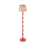 Endon Bevbury Ikat floor lamp with a pink turned wooden spindle base and patterned natural faux silk pleated shade, shown on a plain white background.