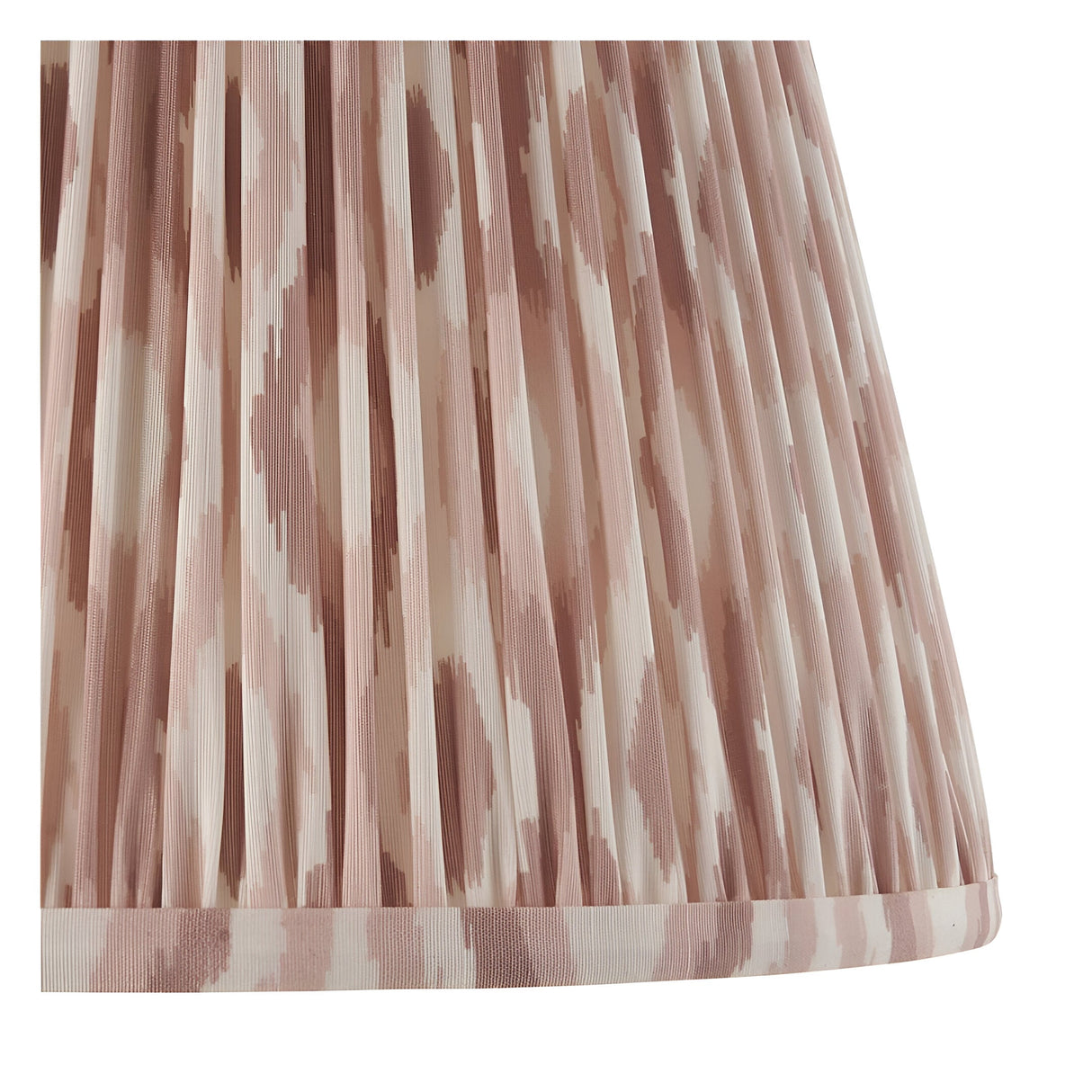 Close-up of the Endon Bevbury floor lamp's 35cm Ikat shade in pink clay, showing gathered pleats in digitally printed faux silk with taped edging.
